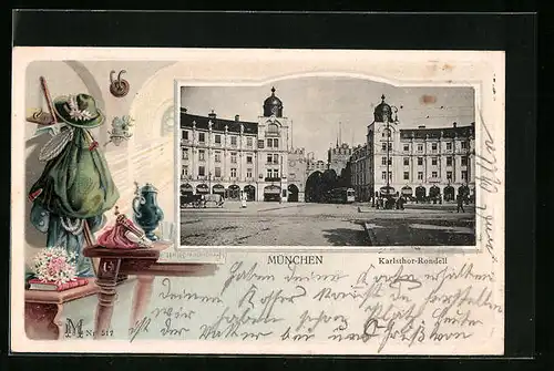 Präge-AK München, Karlstor-Rondell im Passepartoutrahmen
