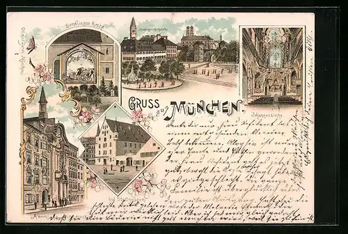 Lithographie München, Sendlingertorplatz, Sendlinger Kirche, Inneres Johanneskirche