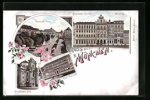 Lithographie München, Hotel Bayer. Hof, Dreifaltigkeits-Kirche, Promenade-Platz