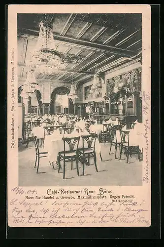 AK München, Café-Restaruant Neue Börse, Haus für Handel und Gewerbe, Maximiliansplatz, Innenansicht