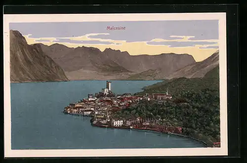 AK Malcesine, Malerische Ortsansicht mit See und Burganlage