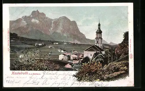AK Kastelruth m. d. Schlern, Ortsansicht mit Kirche und Bergpanorama