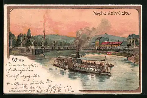 Lithographie Wien, Dampfer passiert Stefaniebrücke