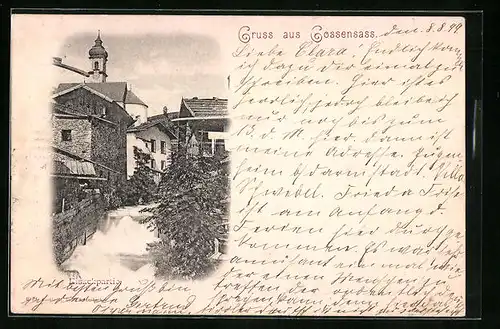 AK Cossensass, Eisackpartie mit Kirchturm