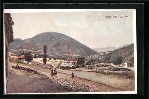Künstler-AK Belovo, Ortsansicht mit Blick über die Berge und Reitern
