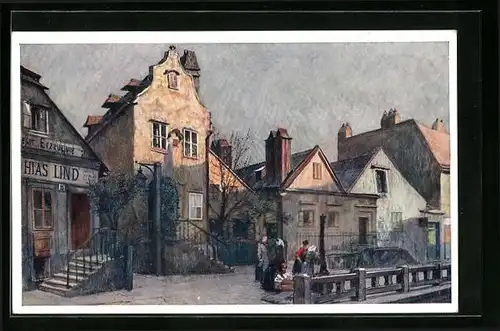 Künstler-AK Wien, Ratzenstadel mit Frauen im Vordergrund