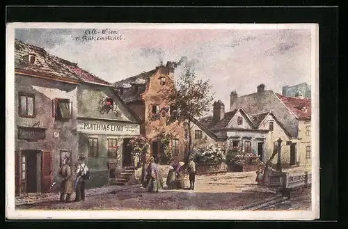 Künstler-AK Wien, Ratzenstadel mit Gebäude Mathias Lind