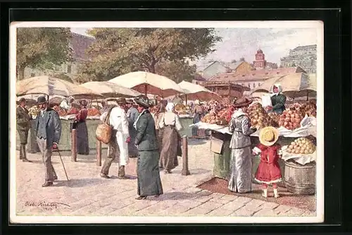 Künstler-AK Wien, Naschmarkt mit belebten Ständen