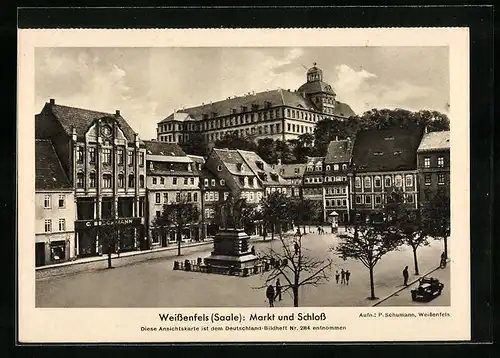 AK Weissenfels /Saale, Ortsansicht mit Markt, Schloss und Reiterdenkmal
