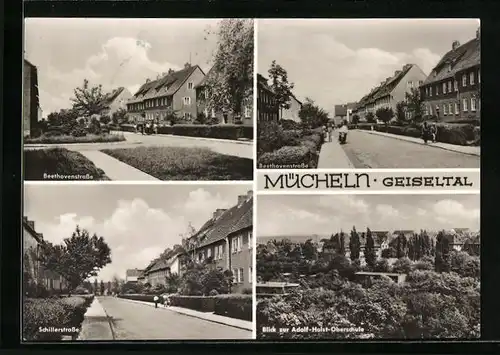 AK Mücheln /Geiseltal, Ortsansichten der Beethovenstrasse, Schillerstrasse und Blick zur Adolf-Holst-Oberschule