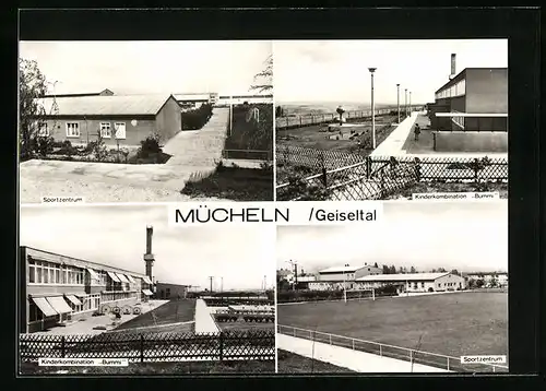 AK Mücheln /Geiseltal, Ortsansichten vom Sportzentrum und der Kinderkombination Bummi