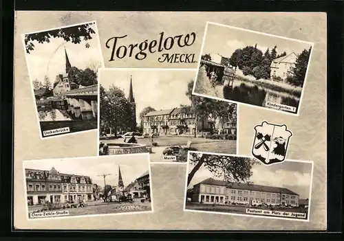 AK Torgelow /Meckl., Ueckerbrücke, Kindergarten, Markt, und Clara-Zetkin-Strasse
