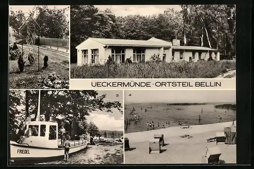 AK Bellin /Ueckermünde, Haffjungfrau Ilona, HO-Gaststätte Waldperle, Kinderspielschiff Friedel am Badestrand