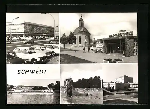 AK Schwedt /Oder, Ortsansichten der Stadtapotheke und des Schwimmbades