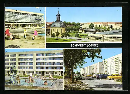 AK Schwedt /Oder, Centrum-Warenhaus, Wohnkomplex und Lenin-Allee