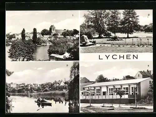 AK Lychen /Templin, Am Stadtsee, Gedenkstein im Leninpark und Strandcafé