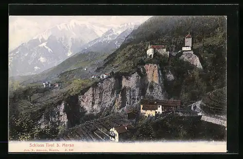 AK Meran, Schloss Tirol und Umgebung aus der Vogelschau