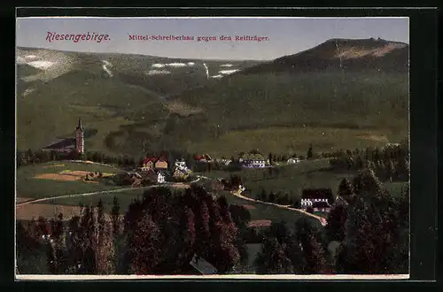 AK Mittel-Schreiberhau /Riesengebirge, Ortsansicht gegen den Reifträger