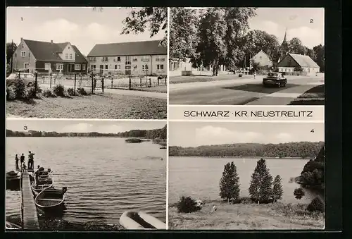 AK Schwarz b. Neustrelitz, Ferienheim des VEB Kreisbetriebs, Bootshafen am Zethner See, Am Schwarzen See
