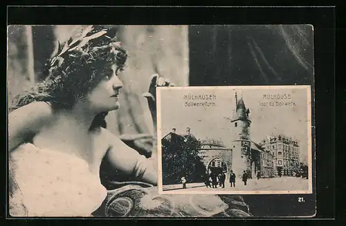 AK Mülhausen, Bollwerk-Turm, Junge Frau mit Lorbeerkranz