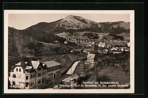 AK Grünbach, Gasthof zur Schubertlinde mit Ortsansicht aus der Vogelschau