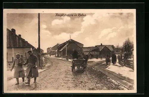 AK Kolno, Hauptstrasse mit Soldaten und Pferdewagen im Winter