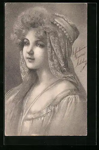 Künstler-AK Hübsche Frau mit Hut und Schleier