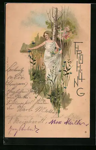 Künstler-AK Schönheit pflückt Blumen, Allegorie für Frühling