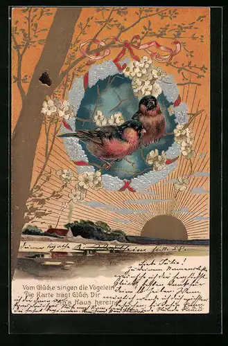 Präge-AK 2 Vögel auf Zweig am frühen Morgen