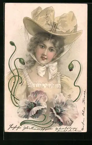 Künstler-AK Dame mit Hut vor Blumenranke