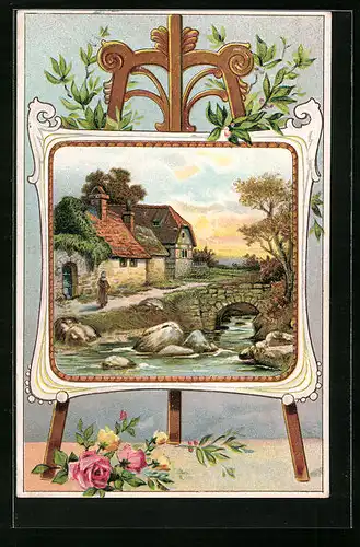 Präge-AK Brücke aus Stein vor Gehöft als Bild auf einer Staffelei