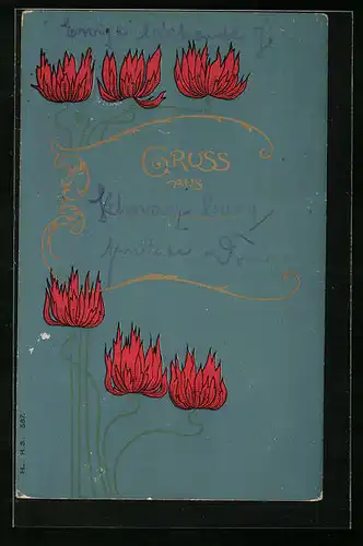 Künstler-AK feuerrote Blüten auf blauem Grund