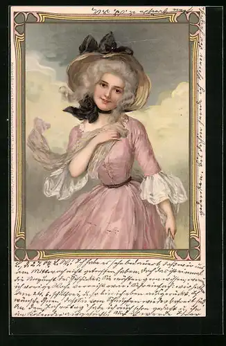 Künstler-AK Liebreizende Dame mit Hut in einem rosa Kleid