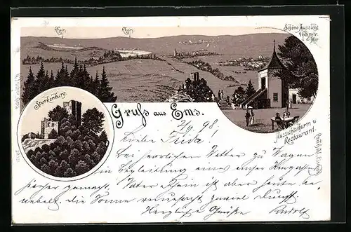 Lithographie Ems, Aussichtsturm u. Restaurant, Sporkenburg
