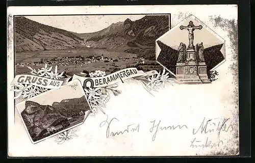 Lithographie Oberammergau, Kofel, Kreuzigungs-Gruppe, Panorama