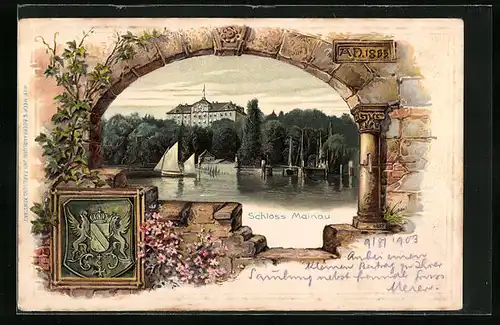 Passepartout-Lithographie Insel Mainau, Uferpartie mit Schloss, Wappen