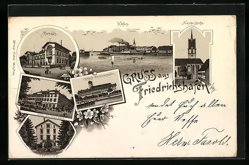 Lithographie Friedrichshafen a. B., Hotel deutsches Haus, Kurhaus, Schloss