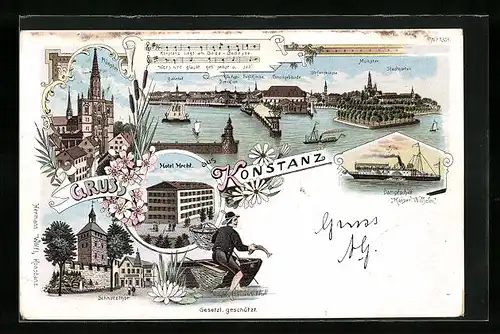 Lithographie Konstanz, Hotel Hecht, Dampfschiff Kaiser Wilhelm, Panorama