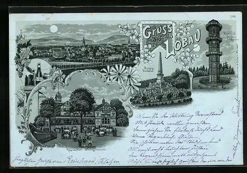 Mondschein-Lithographie Löbau, Restaurant Honigbrunnen, Siegesdenkmal, Panorama