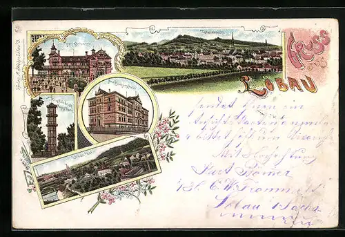 Lithographie Löbau, Restaurant Honigbrunnen, Neue Bürgerschule, Totalansicht