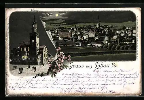 Mondschein-Lithographie Löbau, Rathaus, Totalansicht bei Nacht