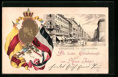 Passepartout-Lithographie Karlsruhe, Blick in die Kaiserstrasse, Fahnen