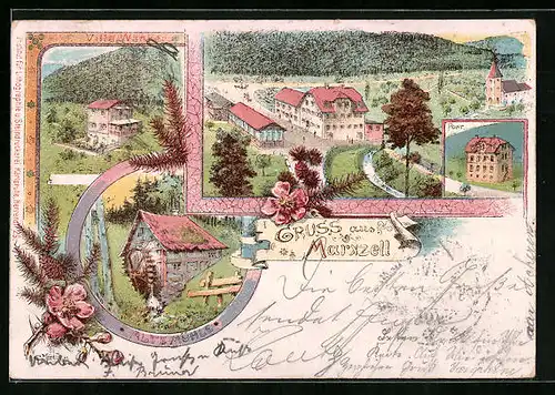 Lithographie Marxzell, Villa Wänker, Post, Alte Mühle