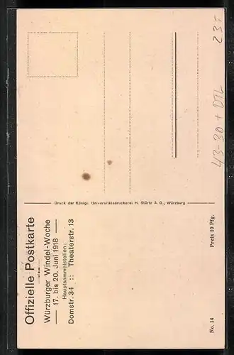 Künstler-AK Würzburg, Windel-Woche 17. bis 20. Juni 1918, Hauptsammelstellen Domstr. 34 und Theaterstr. 13