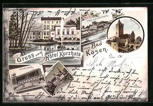 Lithographie Bad Kösen, Hotel Kurzhals, Gradierwerk, Rudelsburg