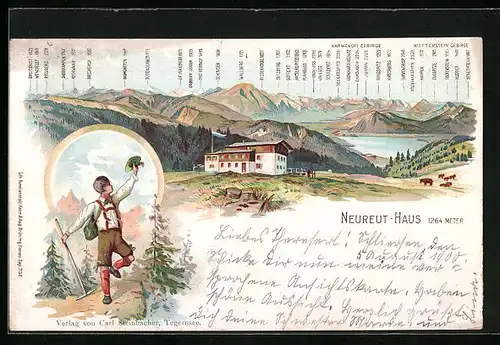 Lithographie Neureut-Haus, Berghütte mit Gebirgspanorama, Wanderer
