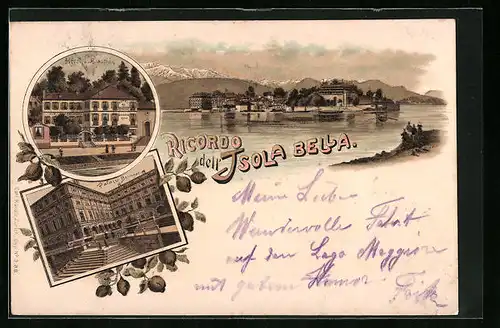 Lithographie Isola Bella, Hotel du Dauphin, Palazzo Boromeo, Panorama