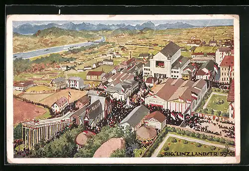 Künstler-AK Linz, Allgemeine Ausstellung 1924, Ortspartie aus der Vogelschau