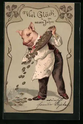 Präge-AK Schwein mit Geldteller wünscht viel Glück im neuen Jahr