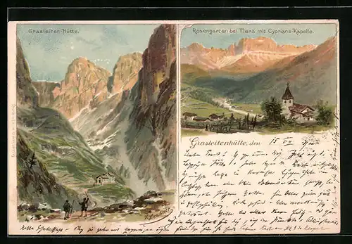 Künstler-AK sign. H. Heubner: Grasleitenhütte, Blick zur Berghütte, Rosengarten bei Tiers mit Cyprians-Kapelle